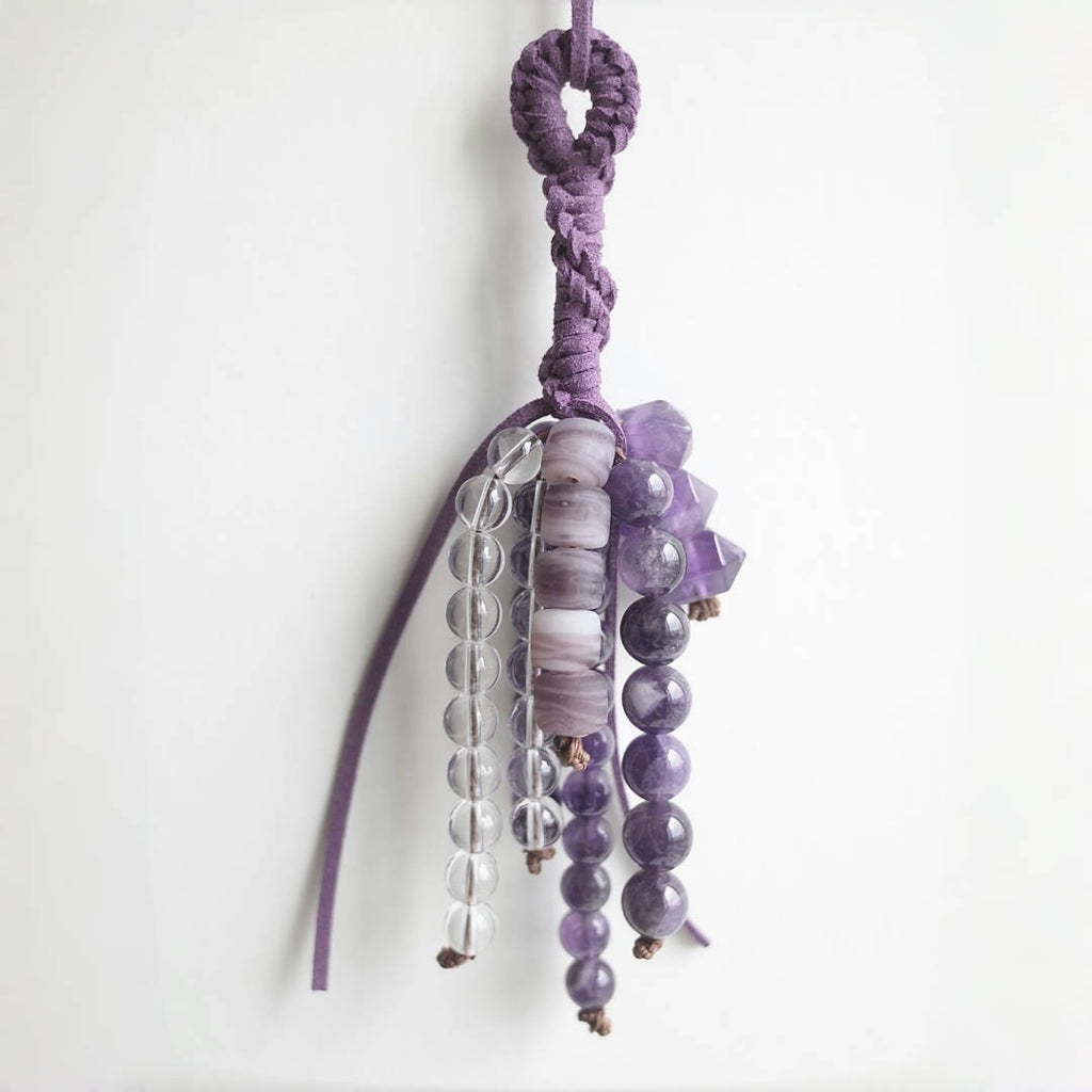 Amethyst &Clear Quartz Beaded Bag Charm