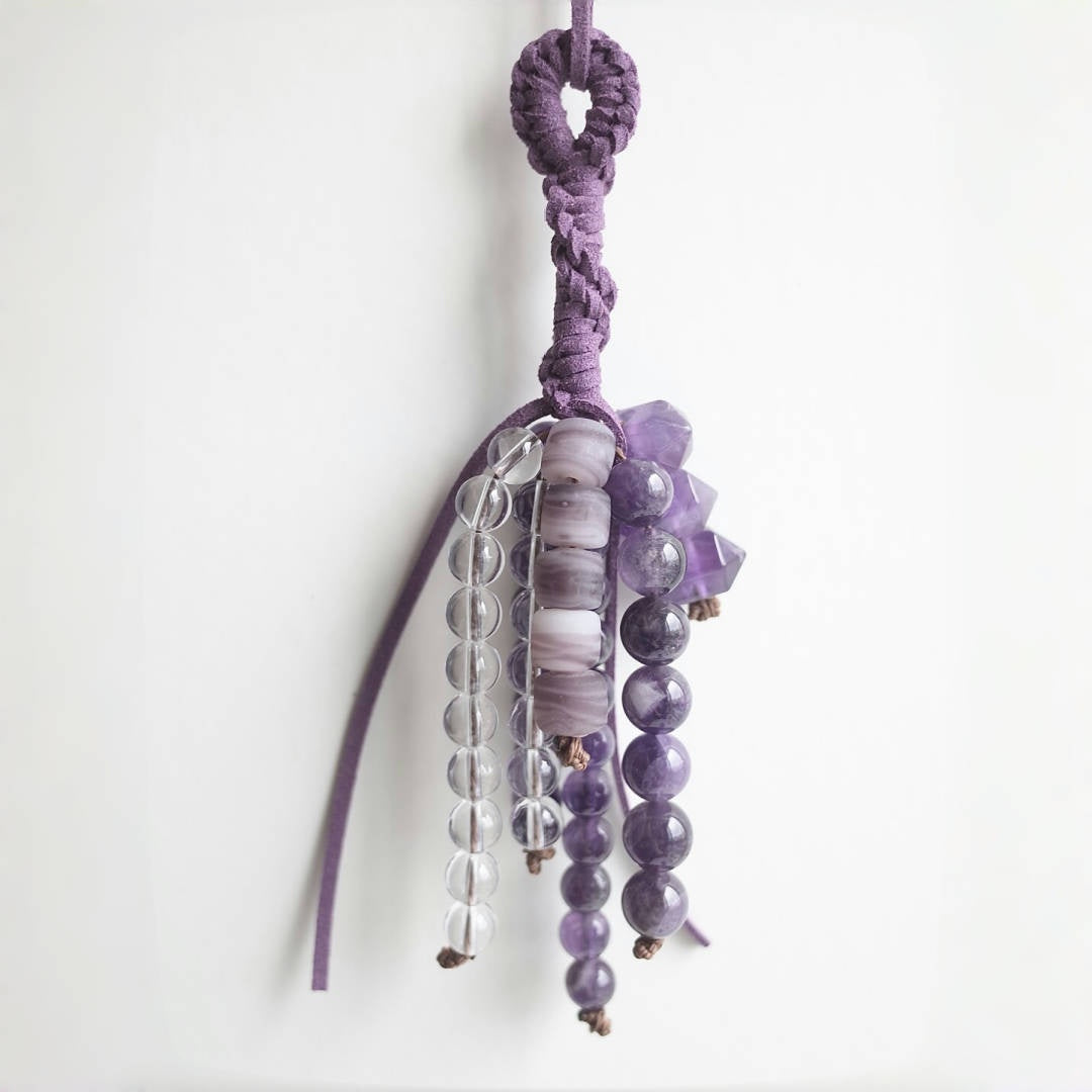 Amethyst &Clear Quartz Beaded Bag Charm