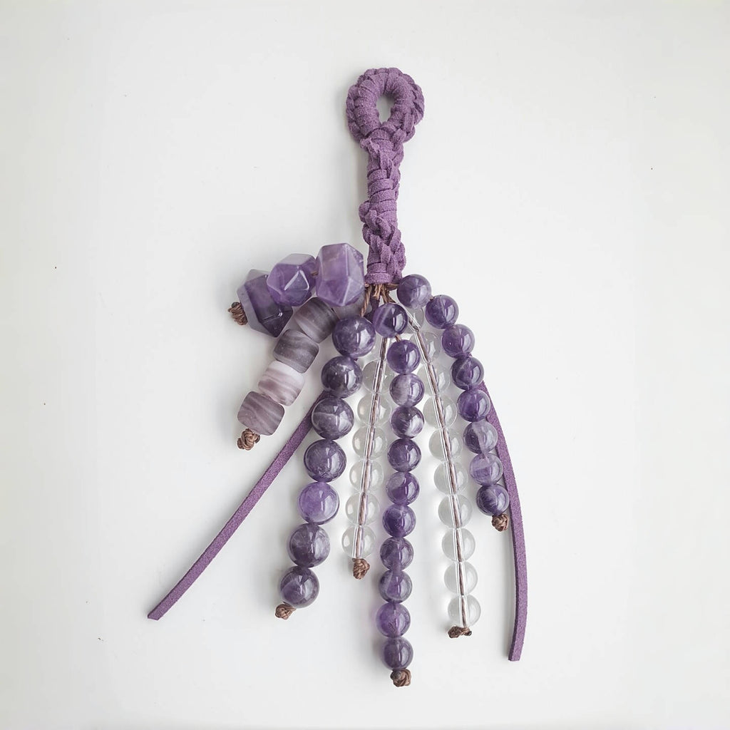 Amethyst &Clear Quartz Beaded Bag Charm