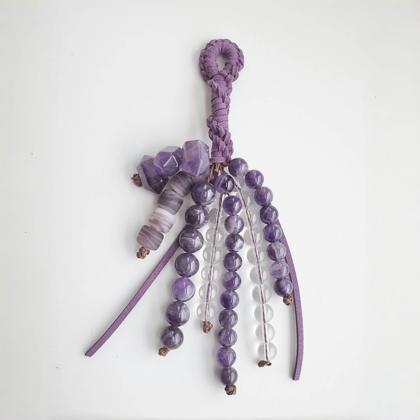 Amethyst &Clear Quartz Beaded Bag Charm