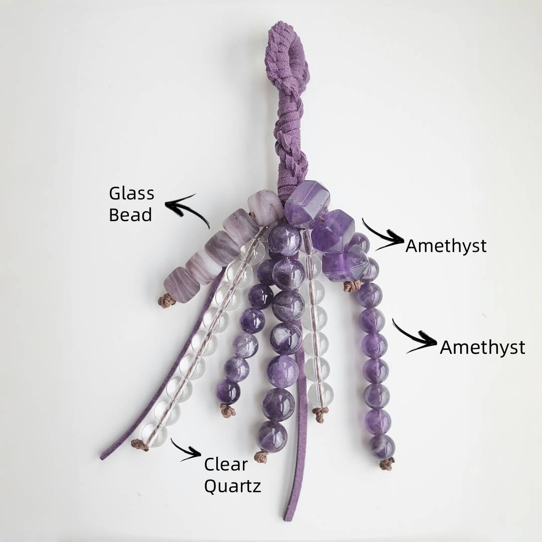 Amethyst &Clear Quartz Beaded Bag Charm
