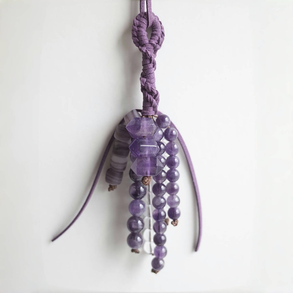 Amethyst &Clear Quartz Beaded Bag Charm