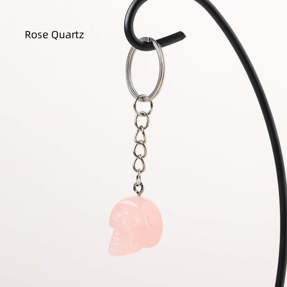 Rose Quartz Skull Keychain