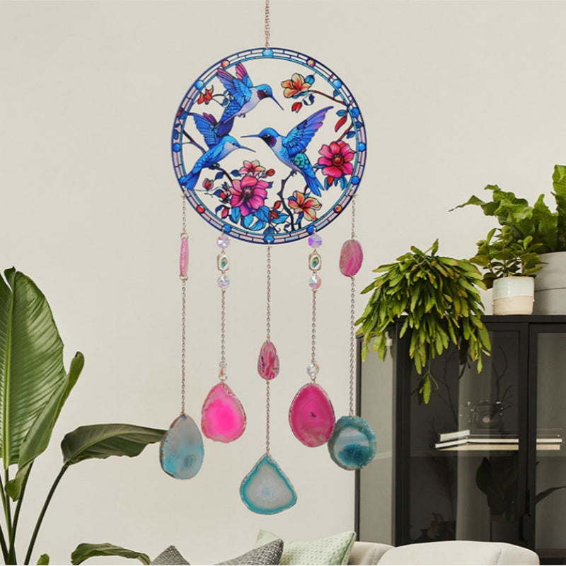 Blue hummingbird acrylic suncatcher with dangling agate slice pendants