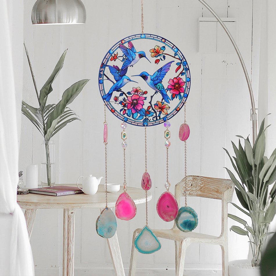 Blue hummingbird acrylic suncatcher with dangling agate slice pendants