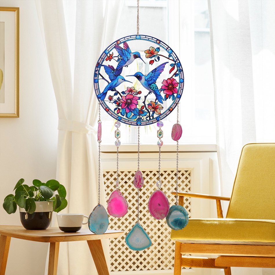 Blue hummingbird acrylic suncatcher with dangling agate slice pendants