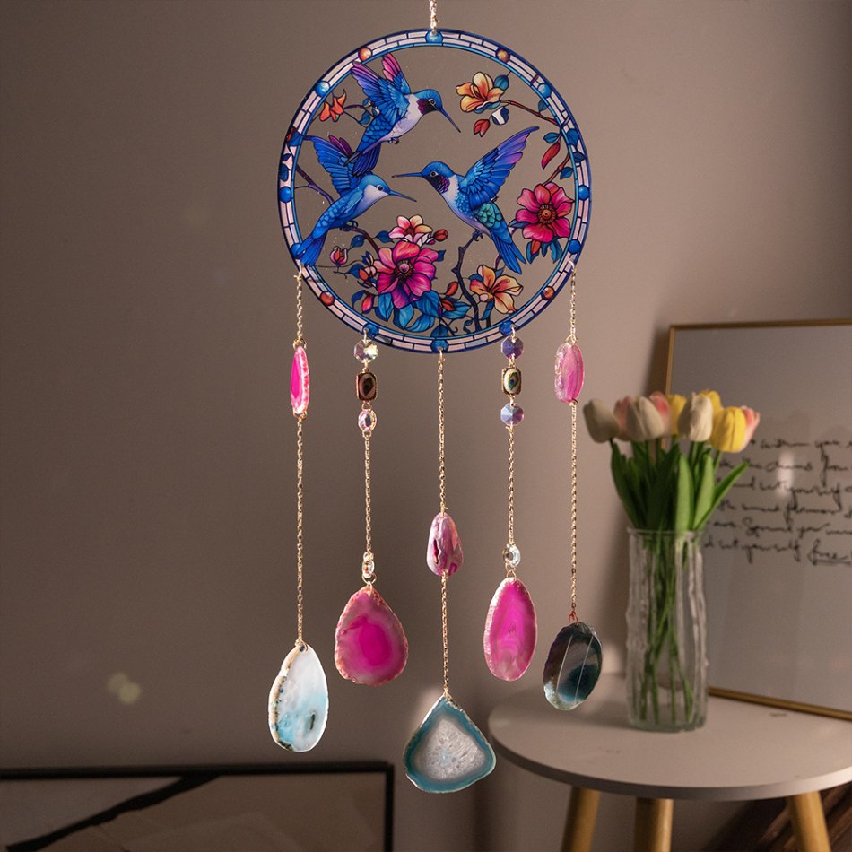 Blue hummingbird acrylic suncatcher with dangling agate slice pendants
