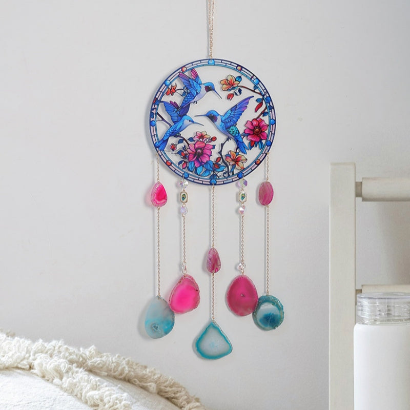 Blue hummingbird acrylic suncatcher with dangling agate slice pendants
