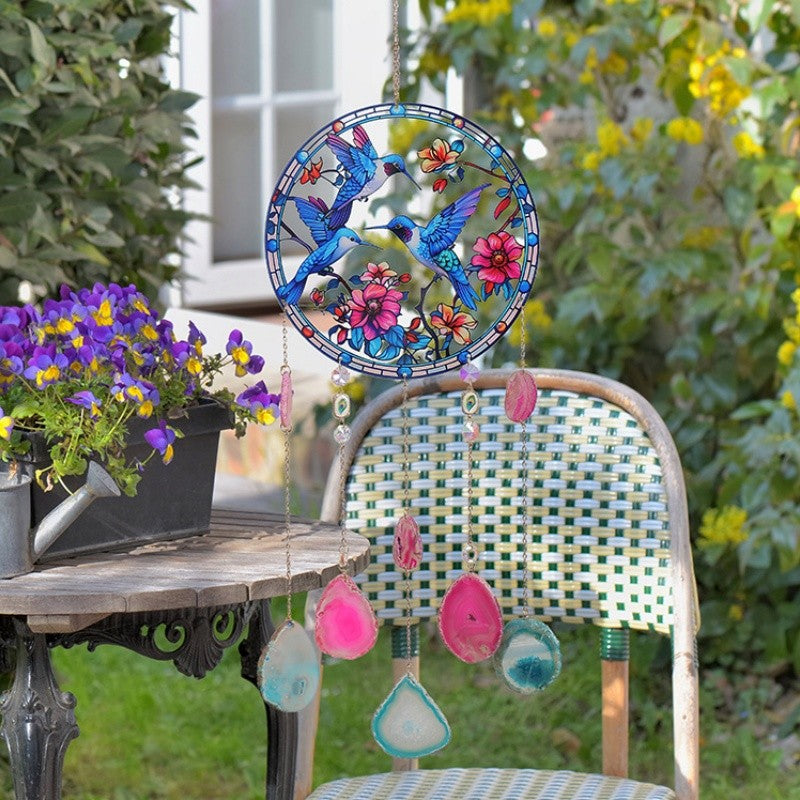 Blue hummingbird acrylic suncatcher with dangling agate slice pendants