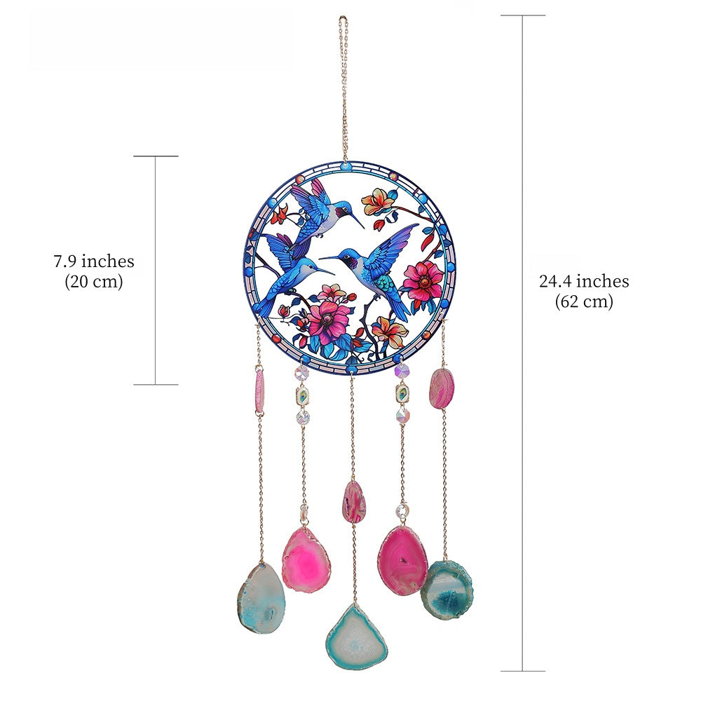 Blue hummingbird acrylic suncatcher with dangling agate slice pendants