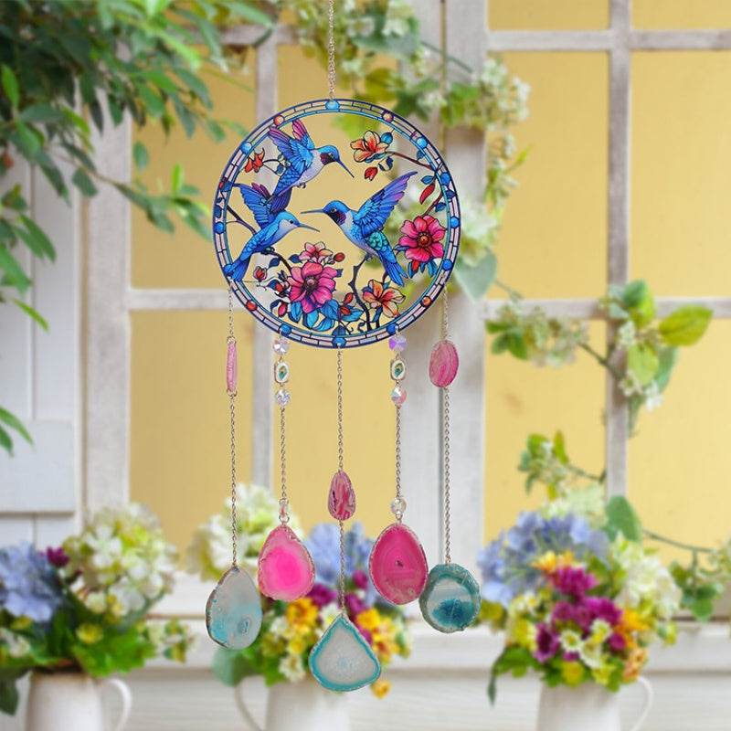 Blue hummingbird acrylic suncatcher with dangling agate slice pendants