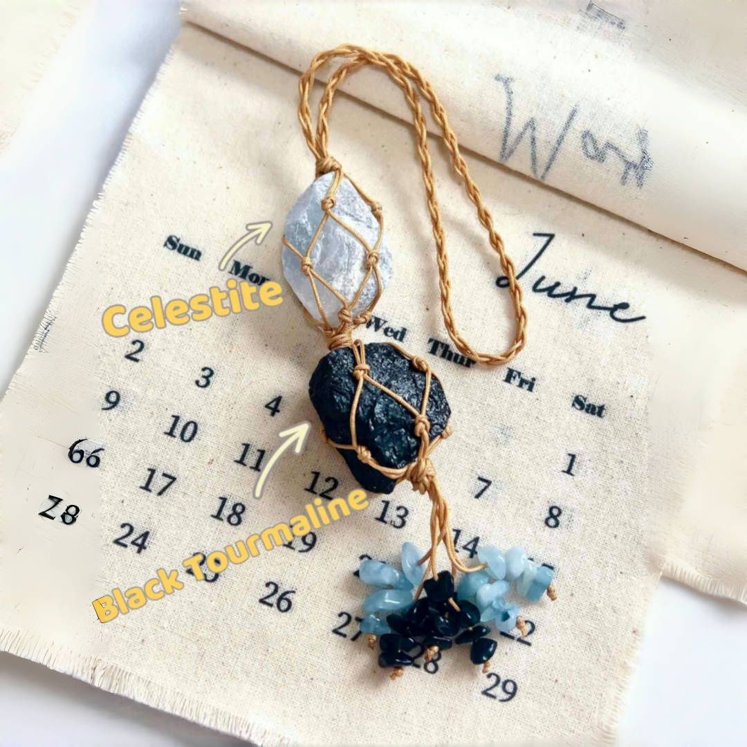 Macrame Raw Stone Bag Charm