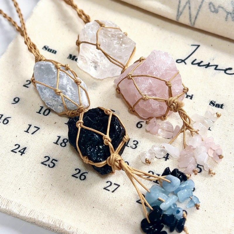 Macrame Raw Stone Bag Charm