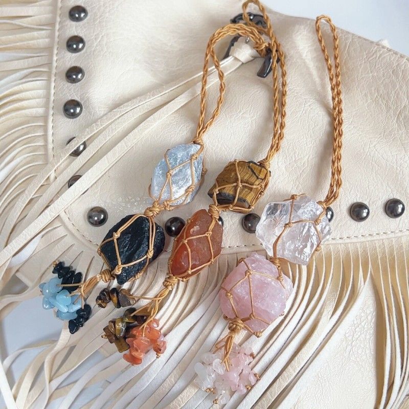 Macrame Raw Stone Bag Charm