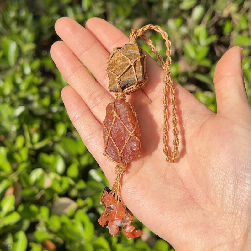 Macrame Raw Stone Bag Charm