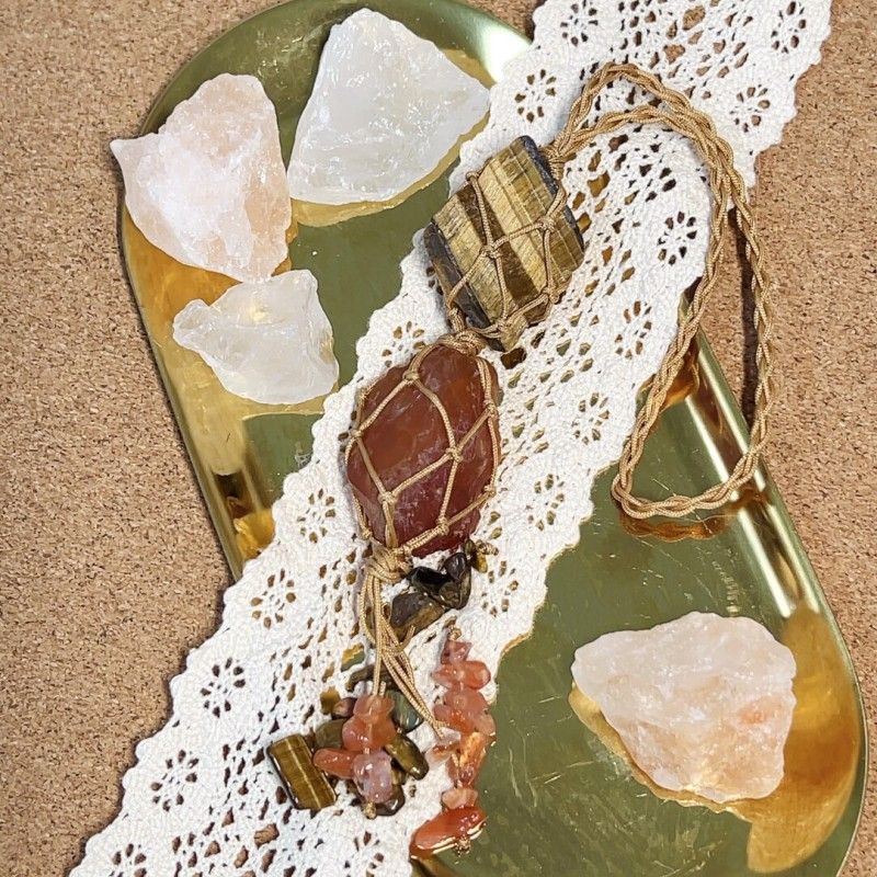 Macrame Raw Stone Bag Charm