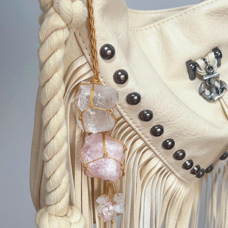 Macrame Raw Stone Bag Charm
