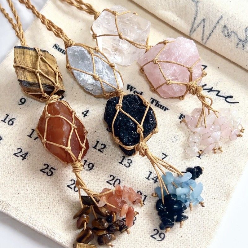 Macrame Raw Stone Bag Charm