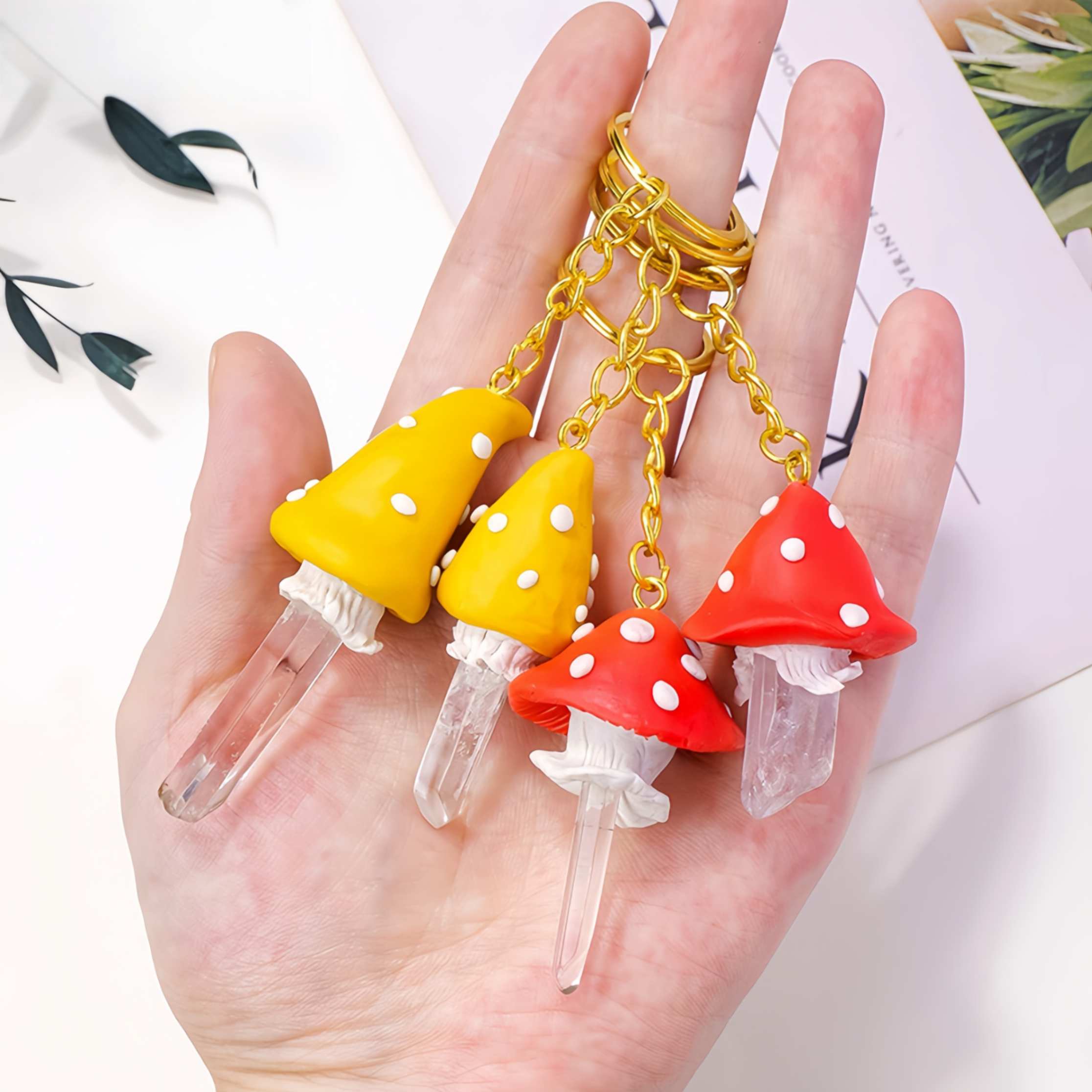 Mushroom Clear Quartz Keychain