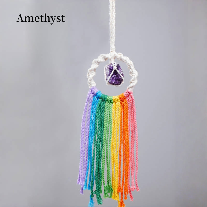 Rainbow Tassel Macrame Crystal Car Charm