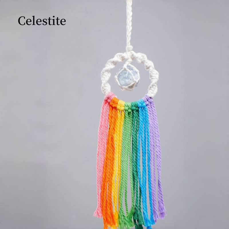Rainbow Tassel Macrame Crystal Car Charm
