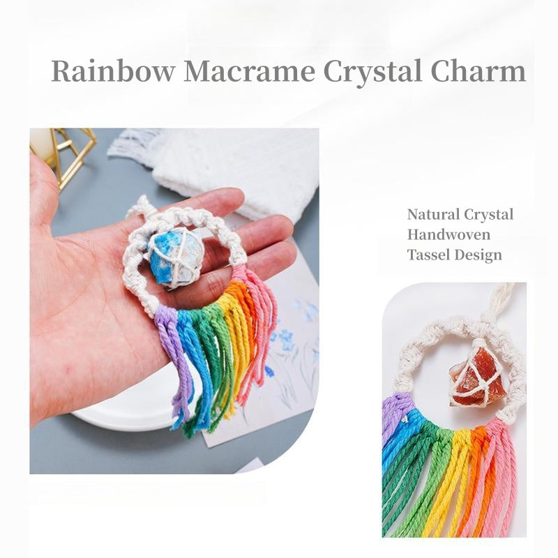 Rainbow Tassel Macrame Crystal Car Charm