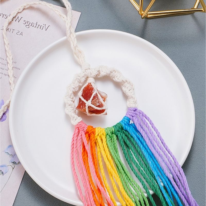 Rainbow Tassel Macrame Crystal Car Charm