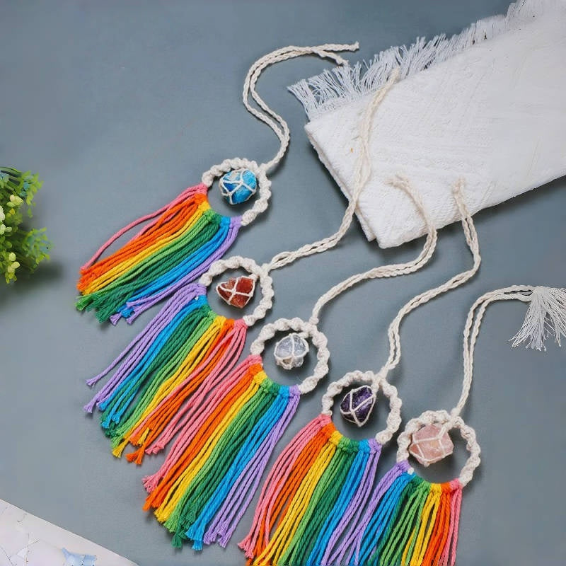 Rainbow Tassel Macrame Crystal Car Charm