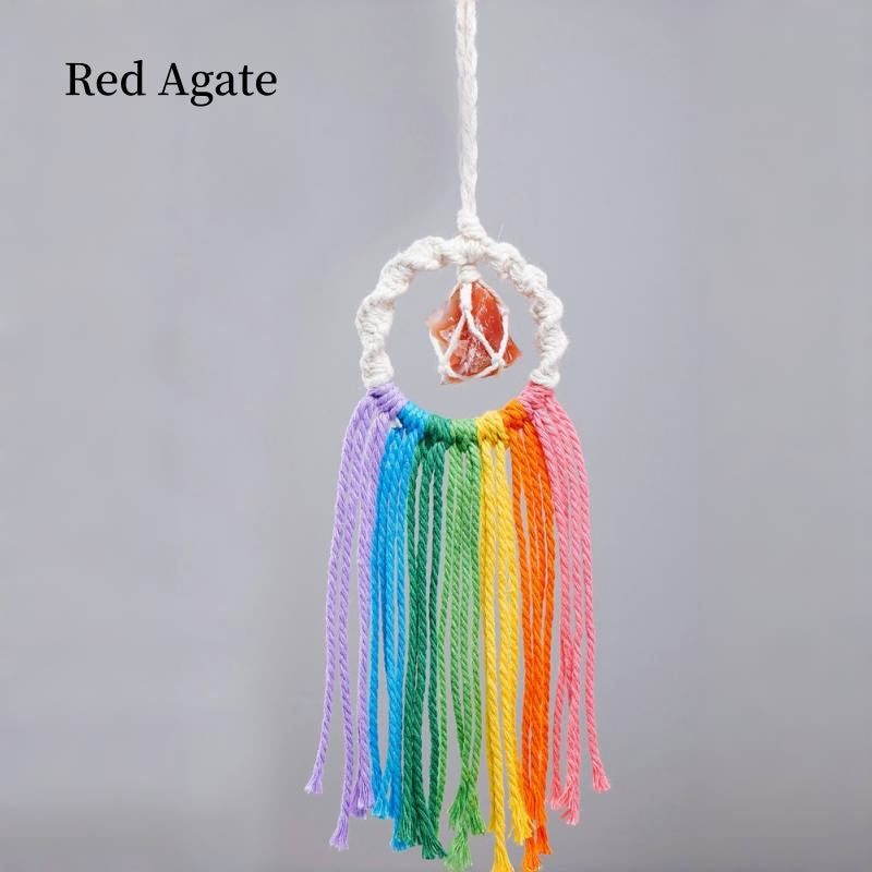 Rainbow Tassel Macrame Crystal Car Charm