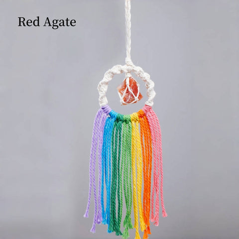 Rainbow Tassel Macrame Crystal Car Charm