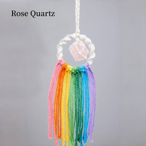 Rainbow Tassel Macrame Crystal Car Charm