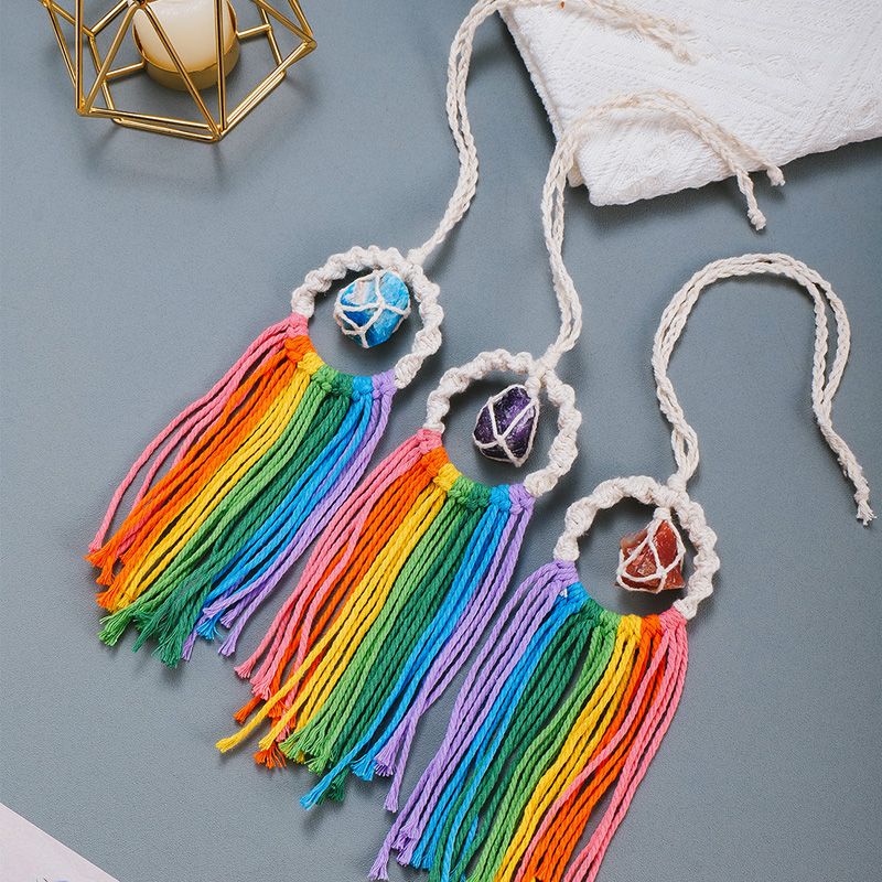 Rainbow Tassel Macrame Crystal Car Charm