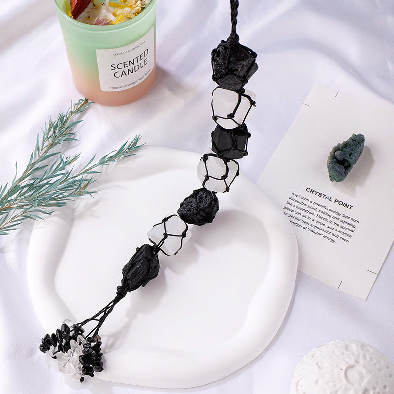 Selenite & Black Tourmaline Macrame Crystal Car Charm