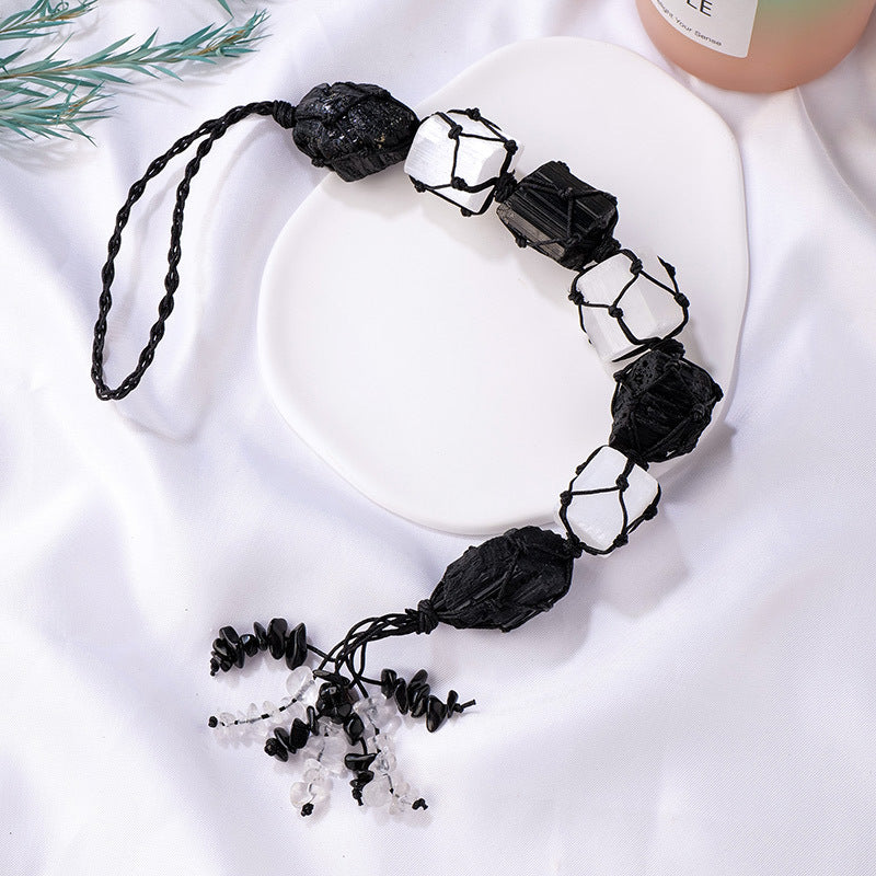 Selenite & Black Tourmaline Macrame Crystal Car Charm