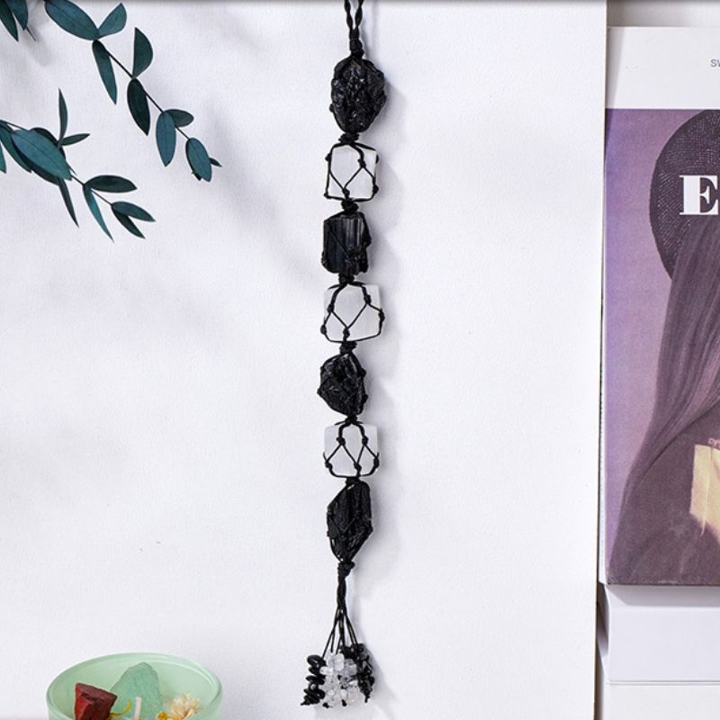 Selenite & Black Tourmaline Macrame Crystal Car Charm