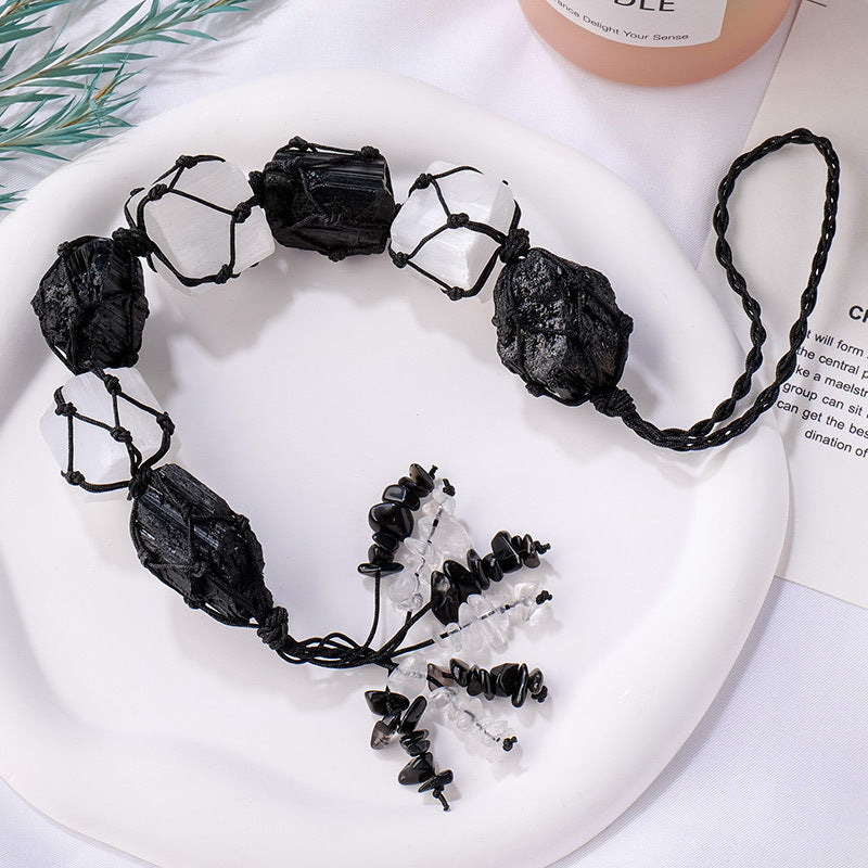 Selenite & Black Tourmaline Macrame Crystal Car Charm